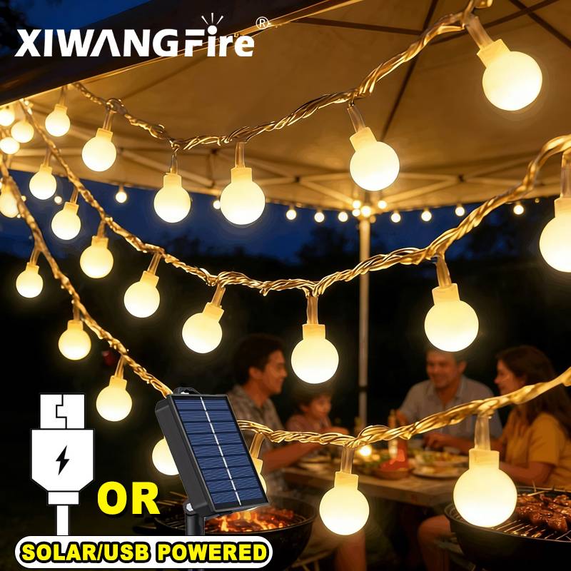Outdoor Lighting Solar - 3-10M Solar-/USB-/Batterie-Lichterketten, Feenhafte Kugel-LED-Lichter, Wasserdicht für
